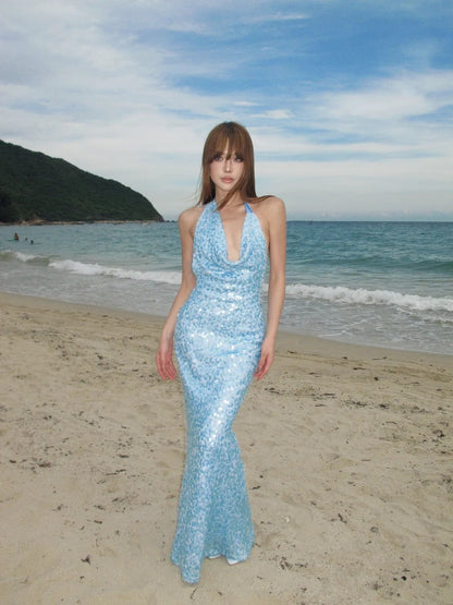 Glittery Mermaid Halter Light Blue With Open Backs Sequin Long Prom Dresses Inspiration 16th Birthday Outfits Formal Evening Dress N469