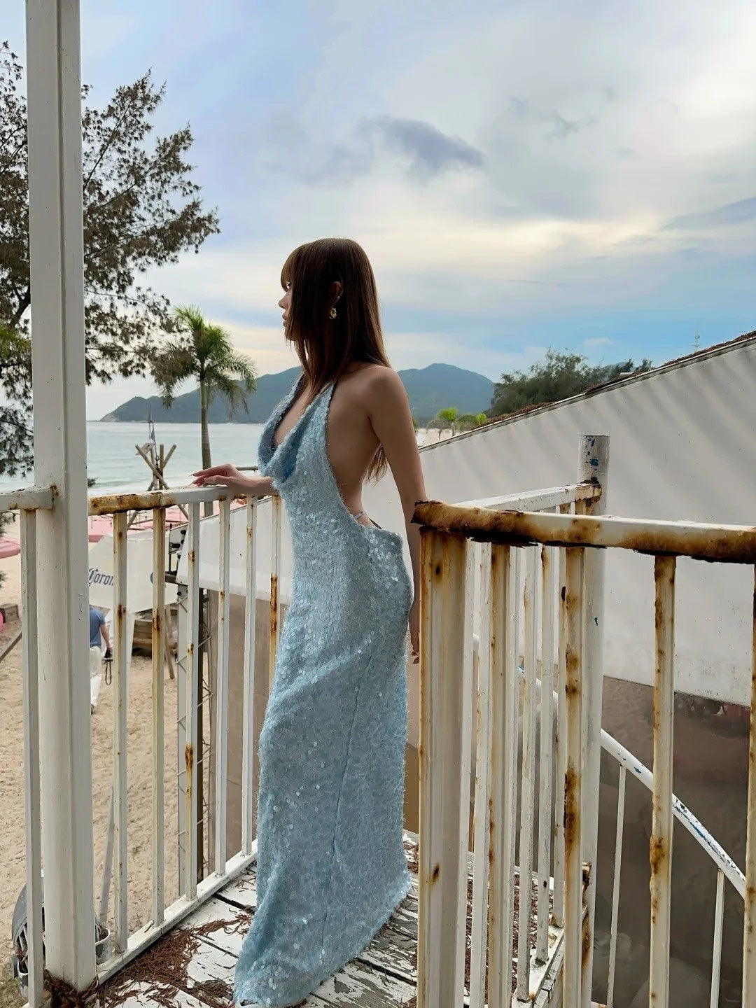 Glittery Mermaid Halter Light Blue With Open Backs Sequin Long Prom Dresses Inspiration 16th Birthday Outfits Formal Evening Dress N469