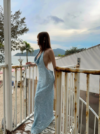 Glittery Mermaid Halter Light Blue With Open Backs Sequin Long Prom Dresses Inspiration 16th Birthday Outfits Formal Evening Dress N469