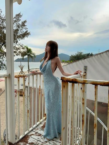 Glittery Mermaid Halter Light Blue With Open Backs Sequin Long Prom Dresses Inspiration 16th Birthday Outfits Formal Evening Dress N469