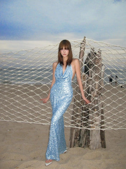 Glittery Mermaid Halter Light Blue With Backless Sequin Long Prom Dresses Inspiration 18th Birthday Outfits Formal Evening Dress N468