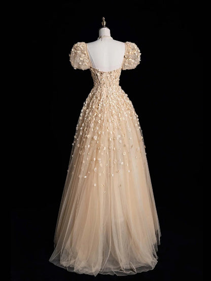 Süßes, langes A-Linien-Abendkleid mit Champagner-Tüllblumen und herzförmigem Ausschnitt, formelles Kleid N559