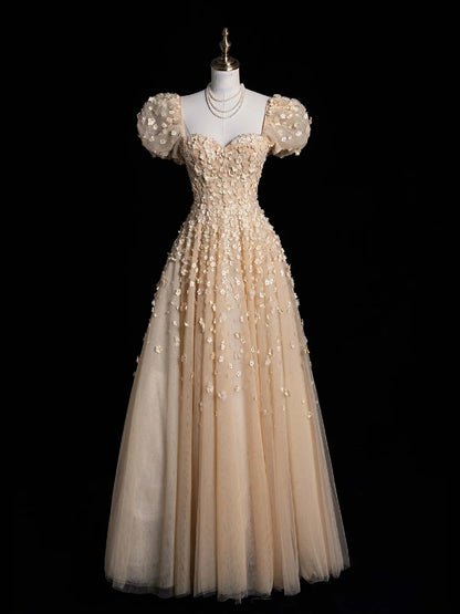 Süßes, langes A-Linien-Abendkleid mit Champagner-Tüllblumen und herzförmigem Ausschnitt, formelles Kleid N559