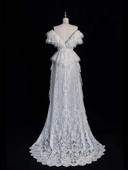 Robe de mariée classique en dentelle blanche à manches longues, coupe trapèze, décolleté en V, style vintage, idéale pour l'été (N560)