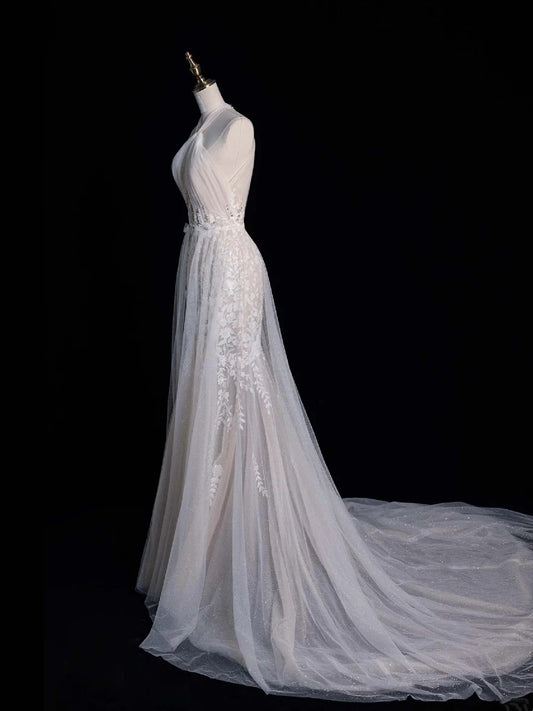 Classic Mermaid Halter Wedding Dresses Lace White With Appliques Vintage Brides Dress Summer Bridal Gowns N561