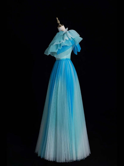 Robe de bal longue plissée en tulle bleu, élégante, coupe trapèze, une épaule dénudée, N562
