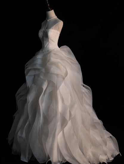 Traumhaftes Ballkleid, herzförmiger Ausschnitt, weißes Tüllkleid mit plissierten Lagen, Vintage-Brautkleid, langes Brautkleid N565