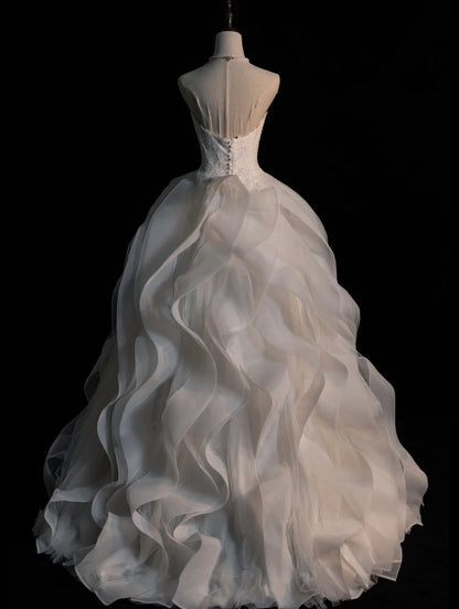 Traumhaftes Ballkleid, herzförmiger Ausschnitt, weißes Tüllkleid mit plissierten Lagen, Vintage-Brautkleid, langes Brautkleid N565