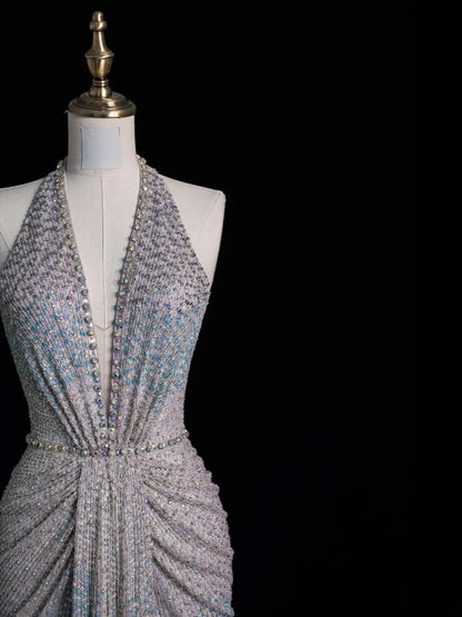 Elegantes, langes Meerjungfrauen-Abendkleid mit Neckholder, Pailletten und Falten, formelles Kleid N568