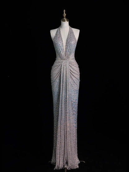 Elegantes, langes Meerjungfrauen-Abendkleid mit Neckholder, Pailletten und Falten, formelles Kleid N568