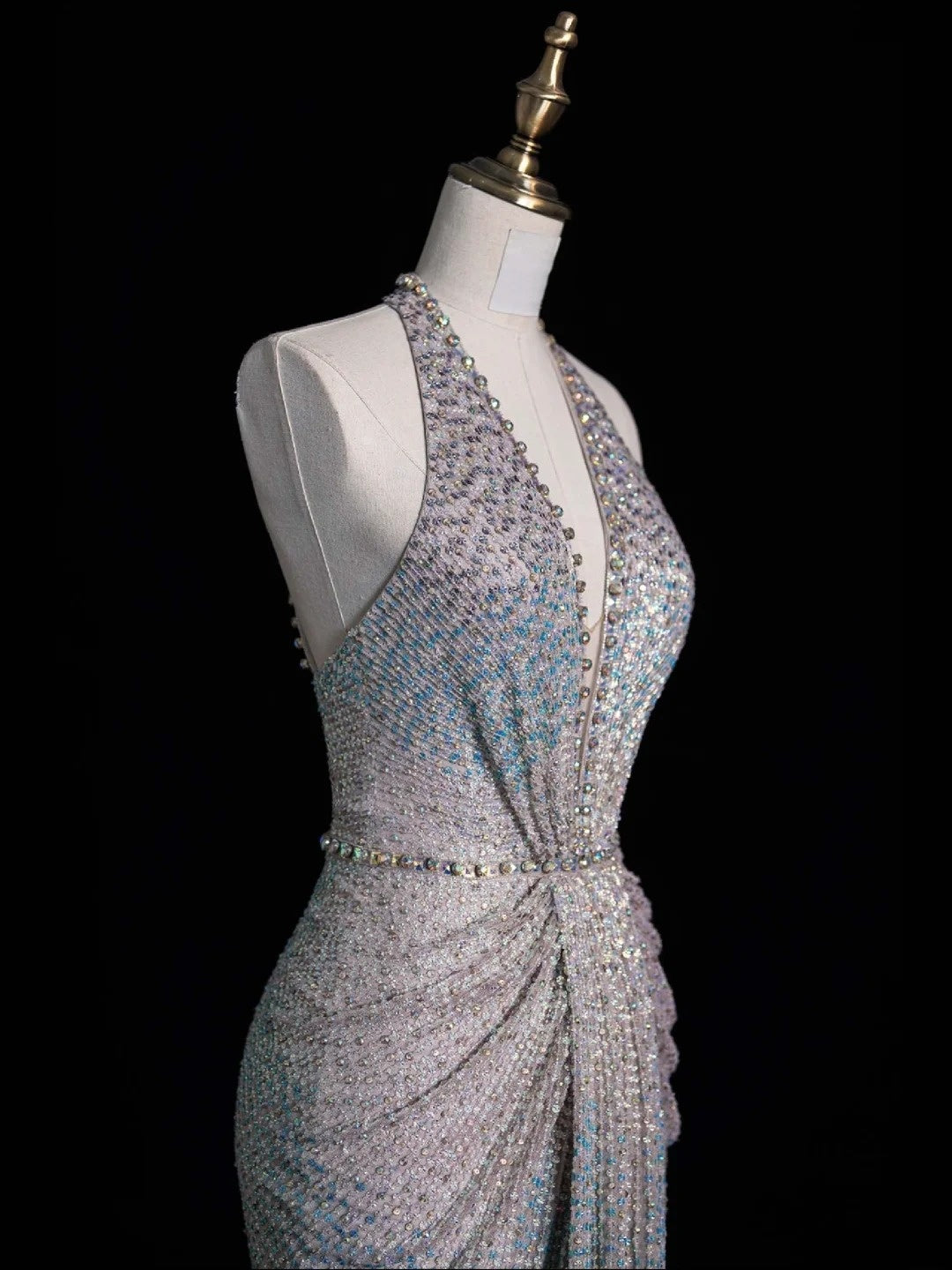 Elegantes, langes Meerjungfrauen-Abendkleid mit Neckholder, Pailletten und Falten, formelles Kleid N568
