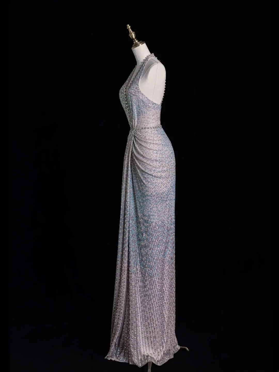 Elegantes, langes Meerjungfrauen-Abendkleid mit Neckholder, Pailletten und Falten, formelles Kleid N568