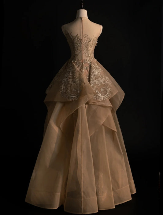 Cute Ball Gown Scoop Gold Lace Appliques Long Prom Dress Evening Outfits Semi Formal Dress N569