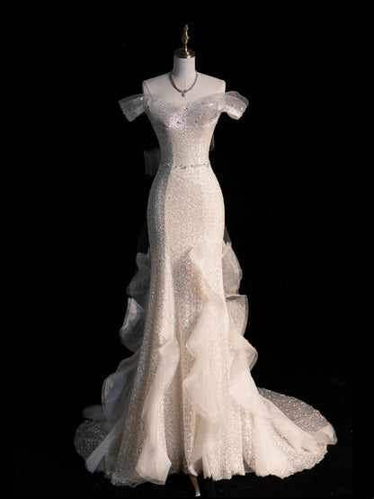 Standesamtliches Brautkleid im Meerjungfrauenstil, schulterfrei, weiß mit kurzen Ärmeln, Pailletten, figurbetont, N570