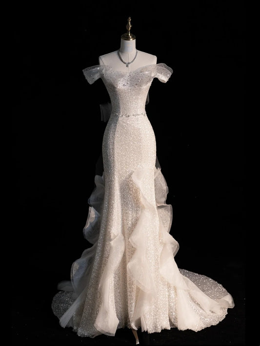 Civil Wedding Dresses Mermaid Off The Shoulder White With Short Sleeves Sequin Brides Dress Fitted Bridal Gowns N570