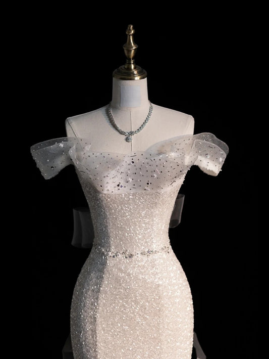 Civil Wedding Dresses Mermaid Off The Shoulder White With Short Sleeves Sequin Brides Dress Fitted Bridal Gowns N570