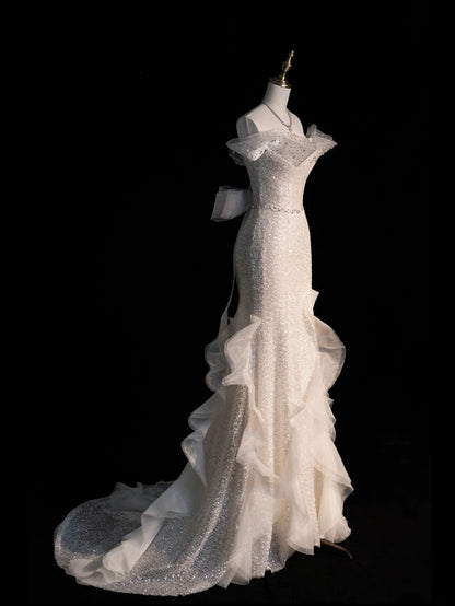 Standesamtliches Brautkleid im Meerjungfrauenstil, schulterfrei, weiß mit kurzen Ärmeln, Pailletten, figurbetont, N570