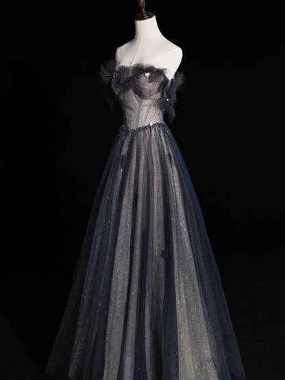 Elegantes, langes, plissiertes A-Linien-Abendkleid aus marineblauem Tüll mit Herzausschnitt, Modell N572