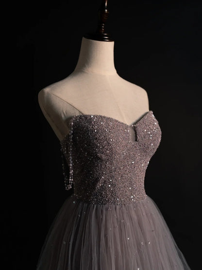 Elegantes, langes A-Linien-Abendkleid mit herzförmigem Ausschnitt, Perlenbesatz am Oberteil und Tüllstoff, formelles Abendkleid N573
