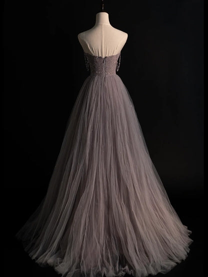 Elegantes, langes A-Linien-Abendkleid mit herzförmigem Ausschnitt, Perlenbesatz am Oberteil und Tüllstoff, formelles Abendkleid N573