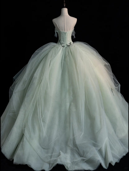 Niedliches, trägerloses, mintgrünes Ballkleid mit Applikationen, Cape aus Tüll, langes Kleid für Quinceañera, Sweet 15 und 16 Geburtstag, Outfit N574