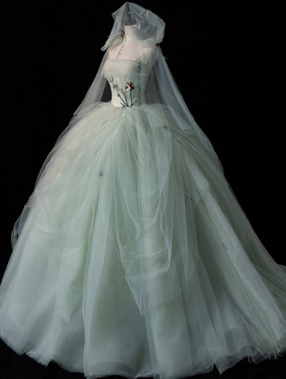 Niedliches, trägerloses, mintgrünes Ballkleid mit Applikationen, Cape aus Tüll, langes Kleid für Quinceañera, Sweet 15 und 16 Geburtstag, Outfit N574