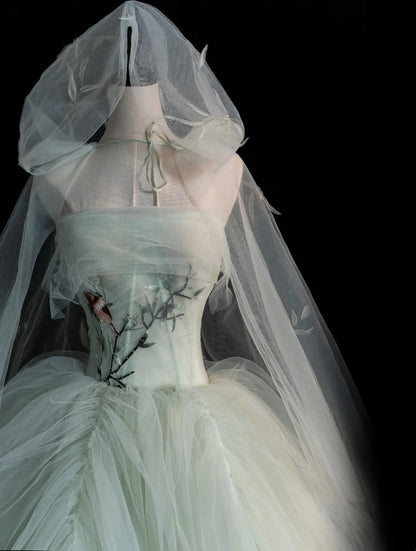 Niedliches, trägerloses, mintgrünes Ballkleid mit Applikationen, Cape aus Tüll, langes Kleid für Quinceañera, Sweet 15 und 16 Geburtstag, Outfit N574