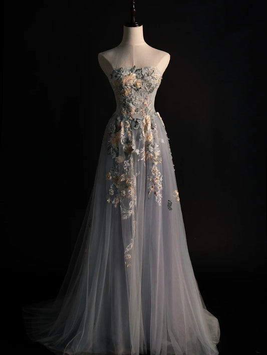 Modest A line Strapless Grey Tulle Floral Long Prom Dresses Night Formal Dresses N575