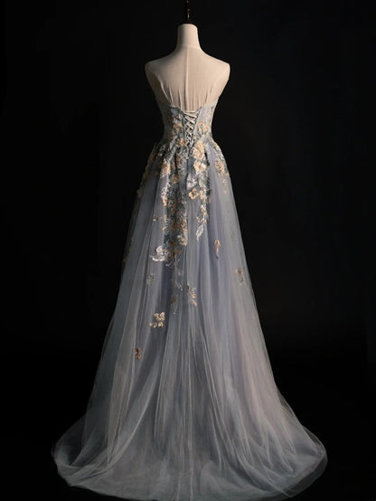 Robe de bal longue grise en tulle à fleurs, bustier, coupe trapèze, modèle N575