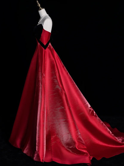 Elegantes, A-Linien-Abendkleid mit herzförmigem Ausschnitt, schwarzem Samtoberteil und rotem Rock, N578