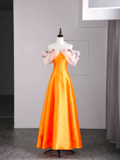 Robe de bal longue orange en satin, coupe trapèze, épaules dénudées, ornée d'appliqués, N579