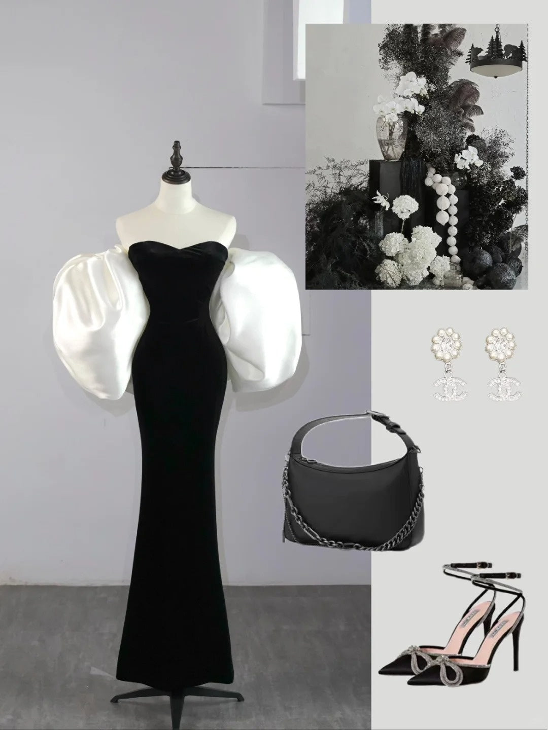 Elegantes, langes Meerjungfrauen-Abendkleid aus schwarzem Samt mit Cape aus Satin, N582
