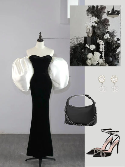 Elegantes, langes Meerjungfrauen-Abendkleid aus schwarzem Samt mit Cape aus Satin, N582
