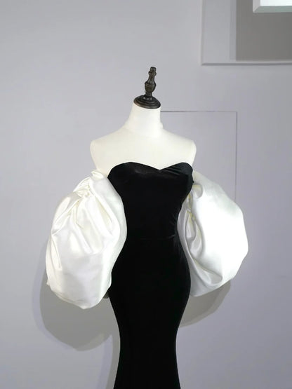 Elegantes, langes Meerjungfrauen-Abendkleid aus schwarzem Samt mit Cape aus Satin, N582