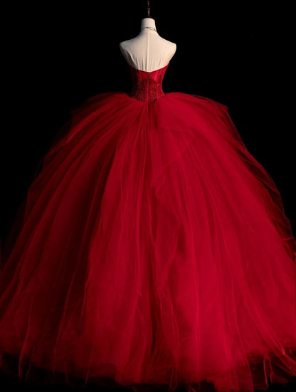 Niedliches, trägerloses, rotes, ärmelloses Ballkleid mit Applikationen aus Tüll, langes Kleid für Quinceañera, Sweet 15 und 16 Geburtstag, Outfit N583