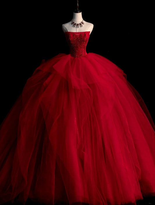 Cute Ball Gown Strapless Red Sleeveless With Applique Tulle Long Quinceanera Dresses Sweet 15 16 Birthday Outfits N583