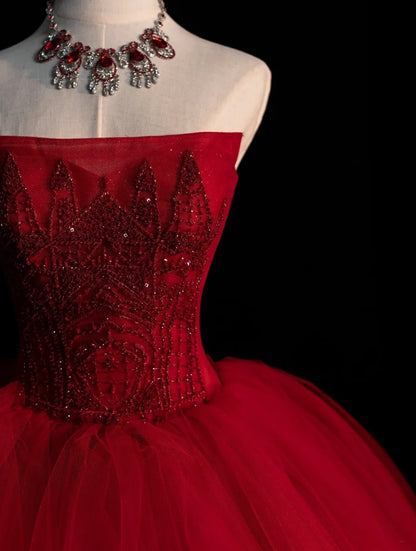Niedliches, trägerloses, rotes, ärmelloses Ballkleid mit Applikationen aus Tüll, langes Kleid für Quinceañera, Sweet 15 und 16 Geburtstag, Outfit N583