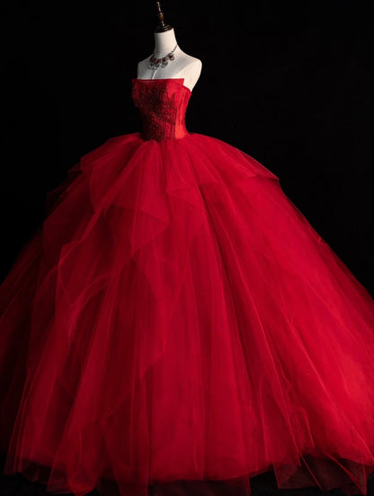 Niedliches, trägerloses, rotes, ärmelloses Ballkleid mit Applikationen aus Tüll, langes Kleid für Quinceañera, Sweet 15 und 16 Geburtstag, Outfit N583