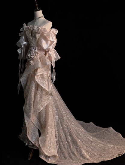Robe de soirée longue élégante sirène à épaules dénudées, sequins rose poudré, dos corset, coupe ajustée, idéale pour un bal de promo ou une soirée formelle (N604)