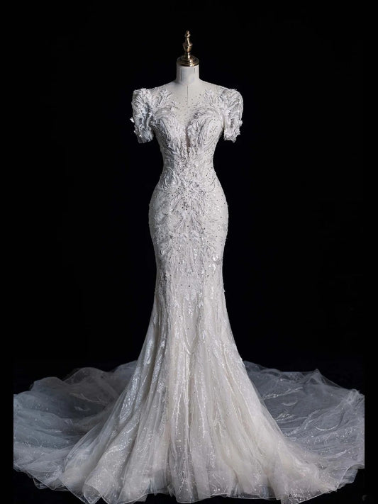 Civil Wedding Dresses Mermaid Scoop Neck White Sequin With Beaded Bodice Short Sleeves Brides Dress Fitted Bridal Gowns N607