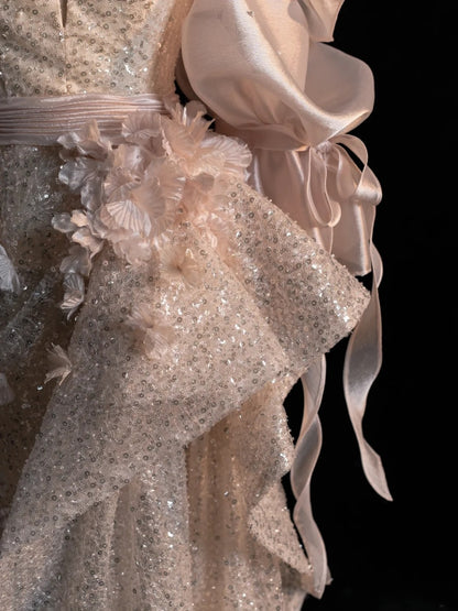 Robe de soirée longue élégante sirène à épaules dénudées, sequins rose poudré, dos corset, coupe ajustée, idéale pour un bal de promo ou une soirée formelle (N604)