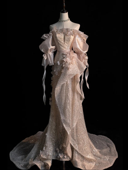 Robe de soirée longue élégante sirène à épaules dénudées, sequins rose poudré, dos corset, coupe ajustée, idéale pour un bal de promo ou une soirée formelle (N604)