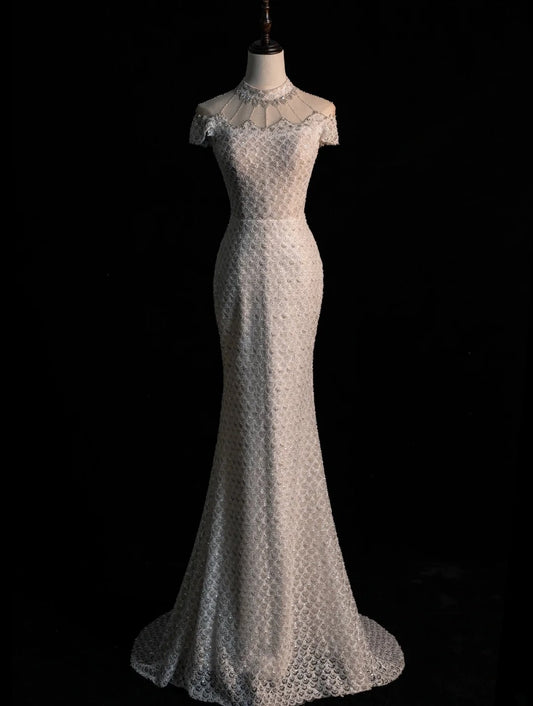 Civil Wedding Dresses Mermaid High Neck White Sequin With Beaded Bodice Sleeves Brides Dress Fitted Bridal Gowns N605