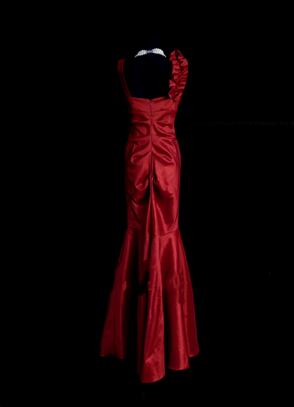 Klassisches, burgunderrotes, plissiertes, langes Meerjungfrauen-Abendkleid im Stil der 1950er Jahre mit V-Ausschnitt, N833