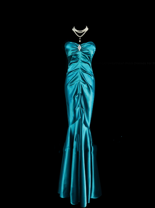 Klassisches, langes, plissiertes Meerjungfrauen-Abendkleid im Stil der 1950er Jahre aus blauem Satin, Modell N834