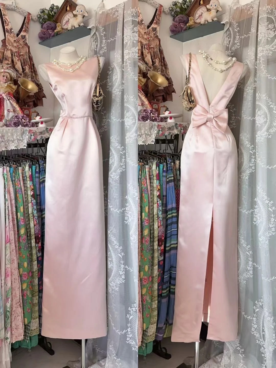 Robe de bal longue en satin rose, coupe fourreau, col rond, style modeste, idéale pour une soirée, un 21e anniversaire ou une remise de diplôme (N835)