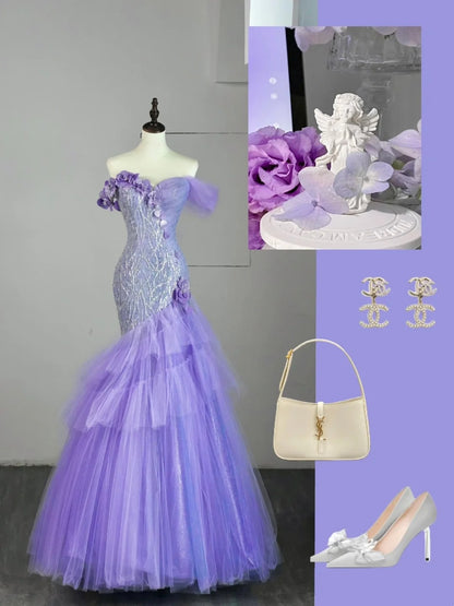Robe de bal longue en tulle lilas, épaules dénudées, style sirène, N851