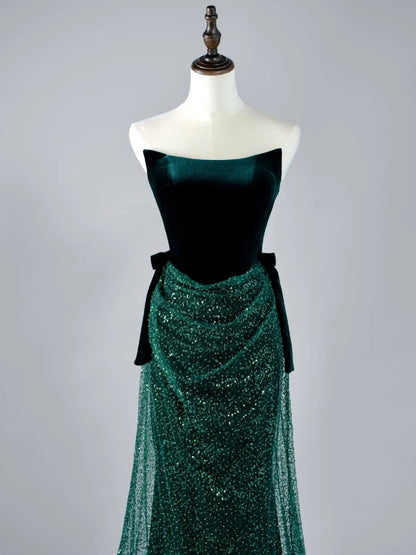 Robe de bal longue plissée vert foncé à paillettes, sans bretelles, style sirène, N850