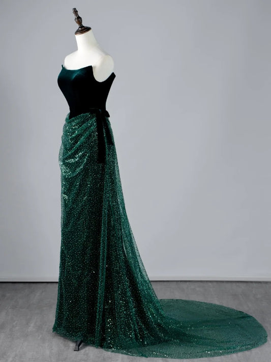 Glitzerndes, trägerloses, dunkelgrünes Pailletten-Abendkleid im Meerjungfrauenstil mit Faltenwurf, formelles Abendkleid N850