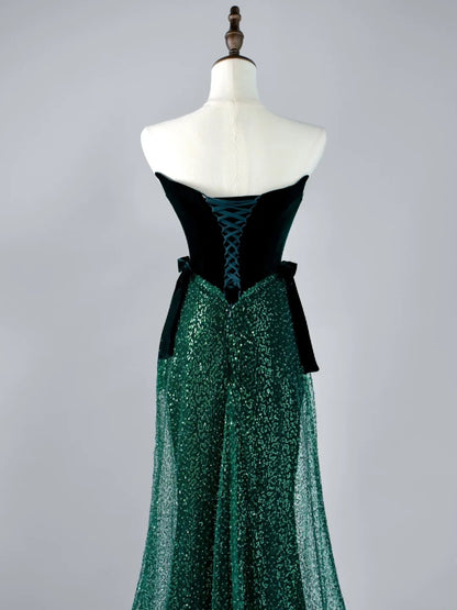 Robe de bal longue plissée vert foncé à paillettes, sans bretelles, style sirène, N850